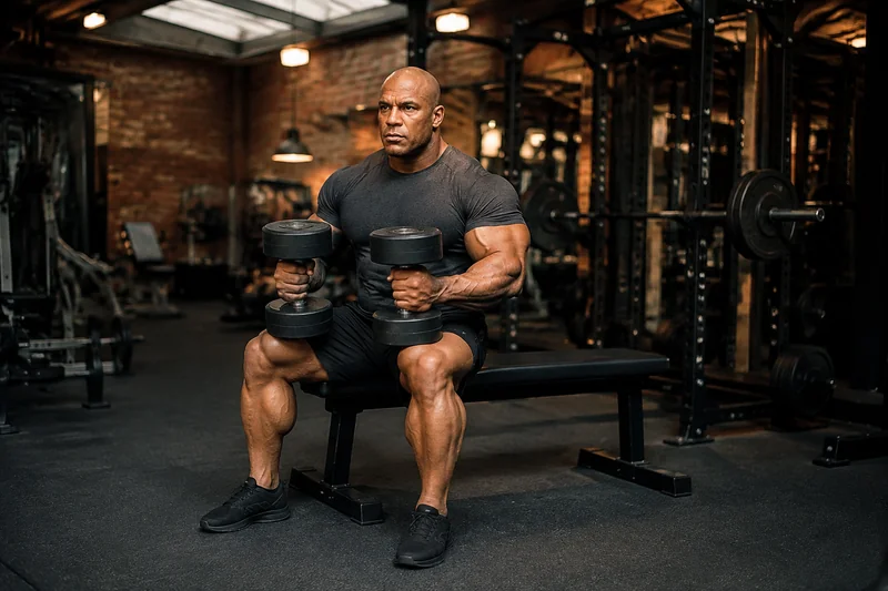 Big Ramy training with dumbbells, illustrative concept